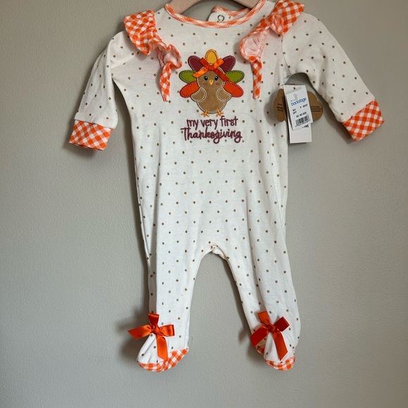Baby girls Essentials Festive Thanksgiving Footie onesie  - White and Orange - Picture 1 of 6